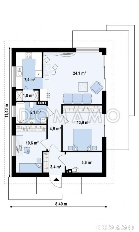 Проект компактного одноэтажного дома из газобетона с двумя спальнями, изолированной кухней и торцевым входом / План 1 этажа