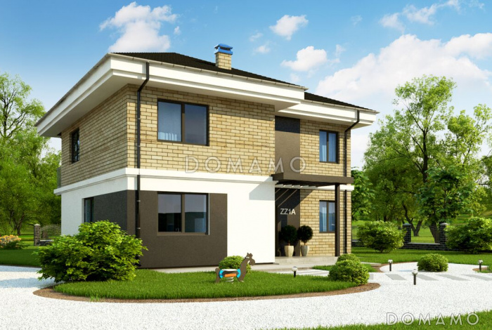 Проект современного двухэтажного дома из кирпича с четырьмя комнатами, большим тех помещением и балконом Проект современного двухэтажного дома из кирпича с четырьмя комнатами, большим тех помещением и балконом