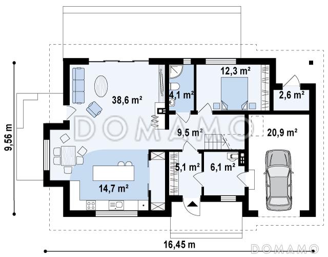 Проект одноэтажного мансардного дома из газобетона с просторной гостиной, гаражом и четырьмя спальнями / План 1 этажа