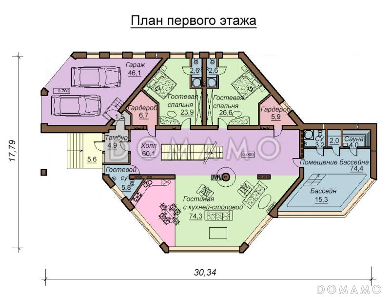 Проект двухэтажного дома с цокольным этажом, гаражом и бассейном / План 1 этажа