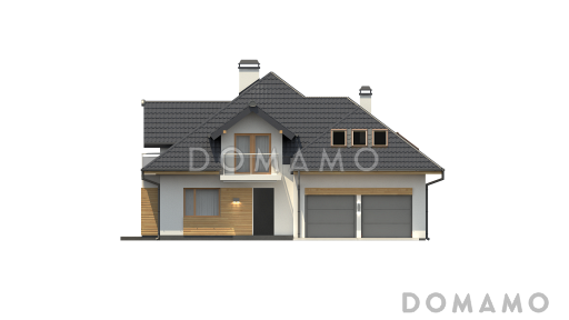 Проект классического одноэтажного мансардного дома из газобетона с дополнительной спальней на первом этаже, с тремя балконами и гаражом на два автомобиля / Фасад 1