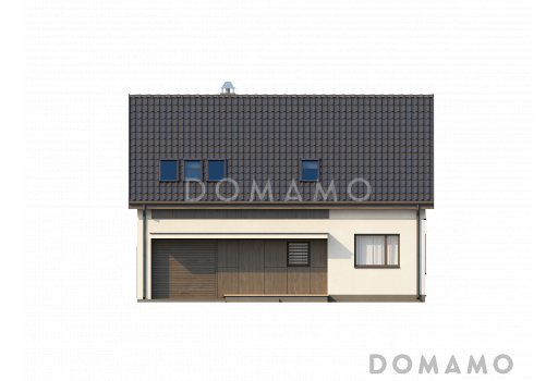 Проект одноэтажного мансардного дома из кирпича с частично крытой террасой и гаражом / Фасад 2