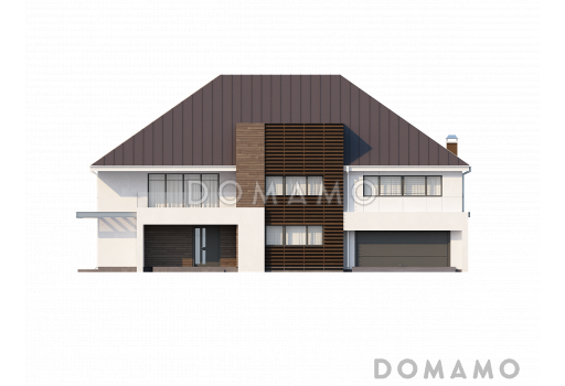 Проект большого комфортабельного двухэтажного дома из кирпича с пятью комнатами, спортзалом и вторым светом над просторной гостиной / Фасад 1