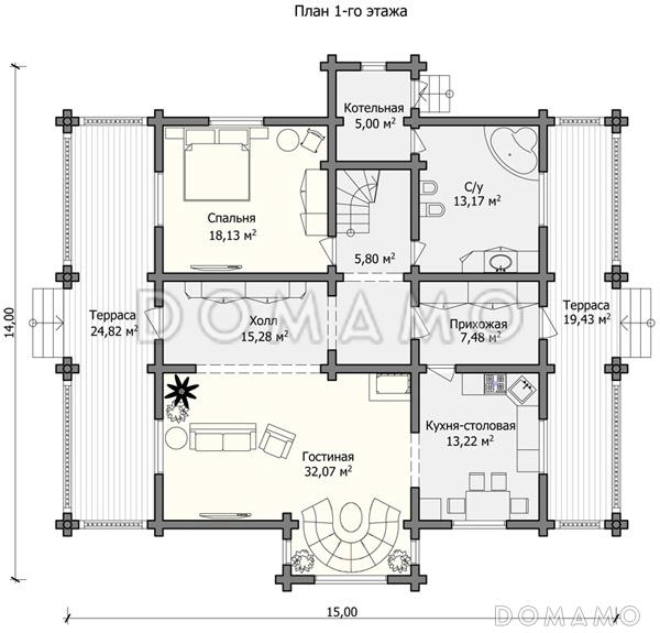 Проект большого дома с двумя просторными террасами / План 1 этажа Проект большого дома с двумя просторными террасами / План 1 этажа