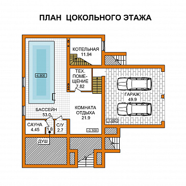 Проект дома из пеноблоков с гаражом и бассейном расположенные на цокольном этаже / План цокольного этажа Проект дома из пеноблоков с гаражом и бассейном расположенные на цокольном этаже / План цокольного этажа