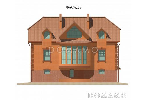 Проект двухэтажного дома с мансардой, с гаражом, с сауной, бассейном и вторым светом  / Фасад 2