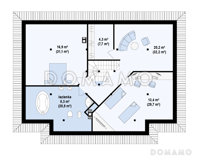 Проект классического мансардного дома из газобетона с необычной планировкой второго этажа / План мансардного этажа