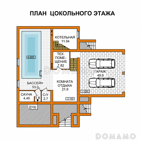 Проект дома из пеноблоков с гаражом и бассейном расположенные на цокольном этаже / План цокольного этажа Проект дома из пеноблоков с гаражом и бассейном расположенные на цокольном этаже / План цокольного этажа