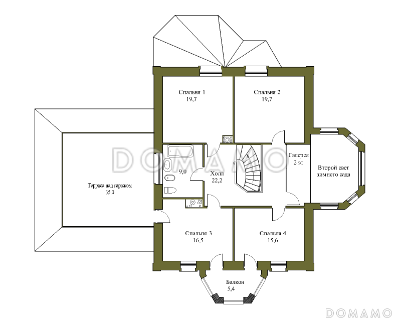 Проект большого коттеджа с зимним садом и гаражом / План мансардного этажа