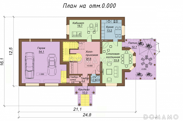 Проект двухэтажного коттеджа с цоколем, с гаражом на два автомобиля / План 1 этажа