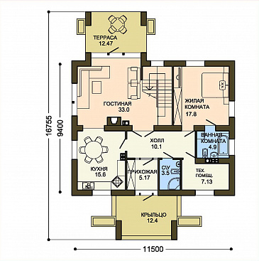 Проект двухэтажного коттеджа с панорамным остеклением на террасу и со вставками красного кирпича / План 1 этажа Проект двухэтажного коттеджа с панорамным остеклением на террасу и со вставками красного кирпича / План 1 этажа