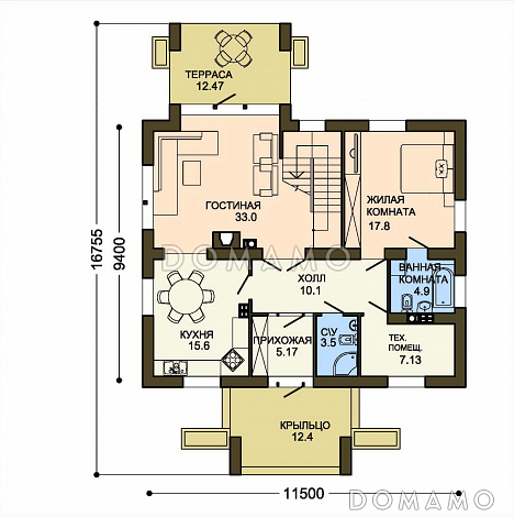 Проект двухэтажного коттеджа с панорамным остеклением на террасу и со вставками красного кирпича / План 1 этажа Проект двухэтажного коттеджа с панорамным остеклением на террасу и со вставками красного кирпича / План 1 этажа