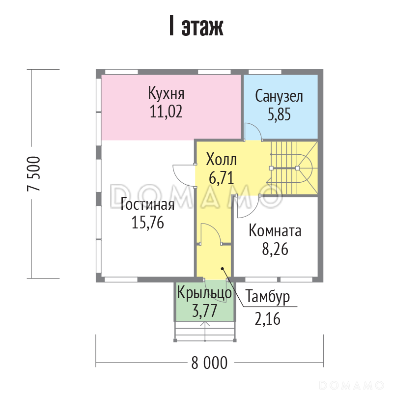 Проект двухэтажного дома из клееного бруса с окнами в пол / План 1 этажа
