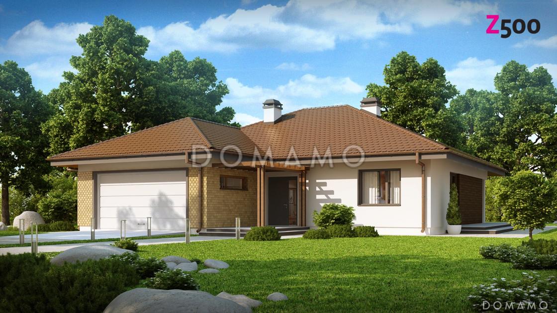 Проект одноэтажного дома из газобетона с большим гаражом и техническим помещением и частично крытой угловой террасой / 2