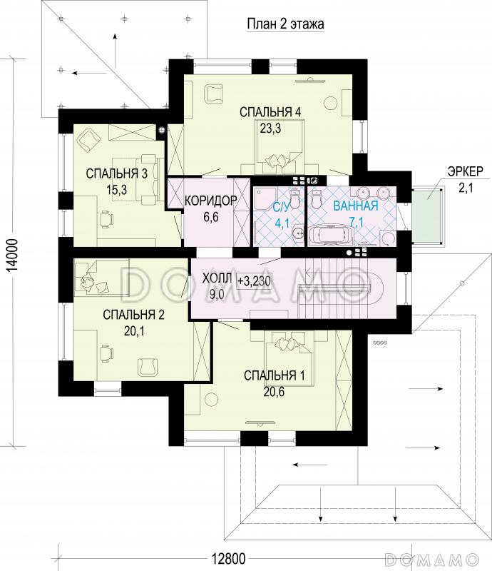 Проект двухэтажного дома из газобетона с подвалом и гаражом на два машиноместа / План 2 этажа