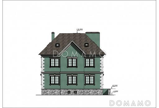 Проект большого двухэтажного дома с цоколем и мансардой,с эркером, сауной и бассейном / Фасад 2