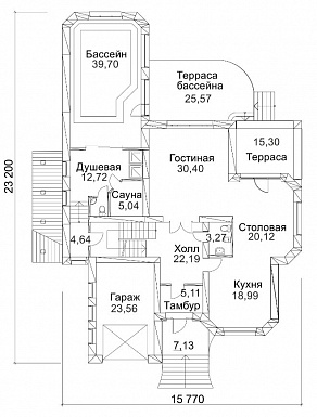 Проект дома из кирпича с сауной и пристроенным бассейном / План 1 этажа Проект дома из кирпича с сауной и пристроенным бассейном / План 1 этажа