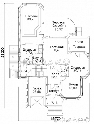 Проект дома из кирпича с сауной и пристроенным бассейном / План 1 этажа Проект дома из кирпича с сауной и пристроенным бассейном / План 1 этажа