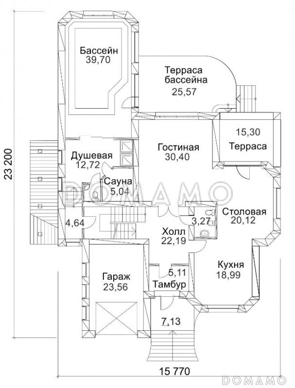 Проект дома из кирпича с сауной и пристроенным бассейном / План 1 этажа