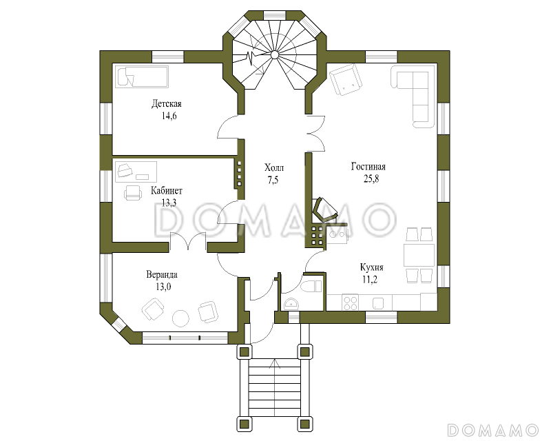 Проект двухэтажного коттеджа с остеклённой верандой / План 1 этажа