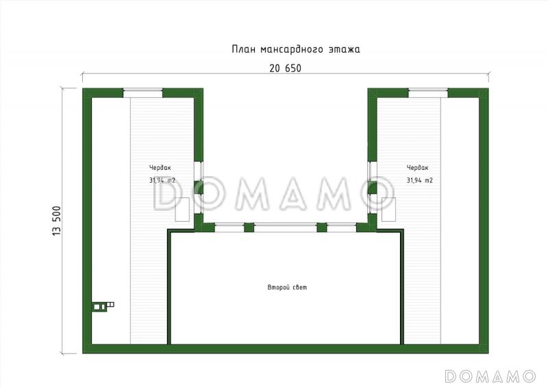 Проект П-образного дома с мансардой, мастер-спальней, кабинетом и вторым светом / План мансардного этажа