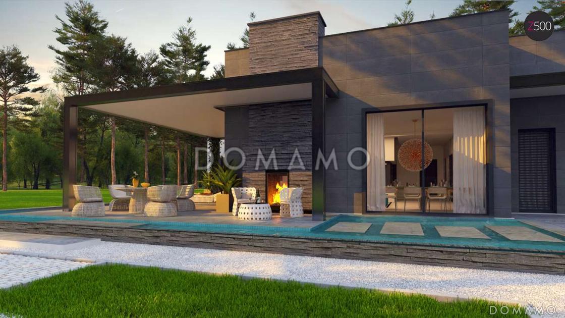 Проект современного одноэтажного дома из газобетона с плоской крышей, с тремя спальнями, большой террасой и навесом / 3