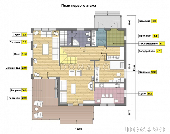 Проект каркасного дома с сауной на первом этаже / План 1 этажа Проект каркасного дома с сауной на первом этаже / План 1 этажа