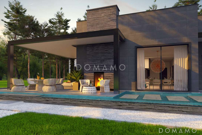 Проект современного одноэтажного дома из газобетона с плоской крышей, с тремя спальнями, большой террасой и навесом Проект современного одноэтажного дома из газобетона с плоской крышей, с тремя спальнями, большой террасой и навесом