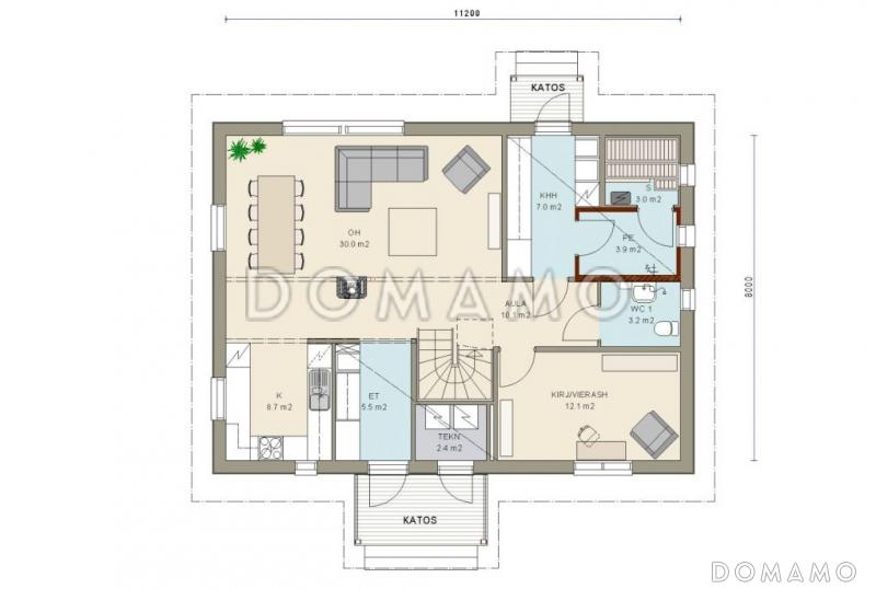 Проект двухэтажного дома с пятью комнатами на втором этаже / План 1 этажа