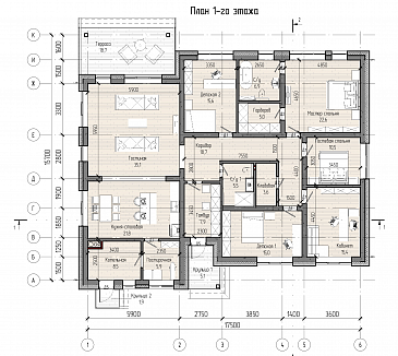 Проект одноэтажного дома с детскими комнатами, кабинетом, хозяйской спальней, террасой / План 1 этажа