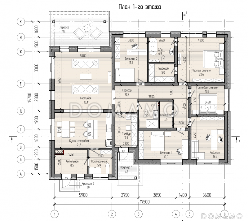 Проект одноэтажного дома с детскими комнатами, кабинетом, хозяйской спальней, террасой / План 1 этажа