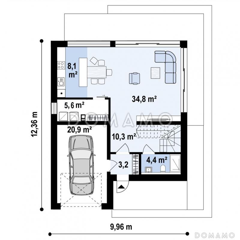 Проект комфортного загородного дома с панорамным остеклением гостиной, гаражом, кладовой и мастер-спальней на мансарде / План 1 этажа