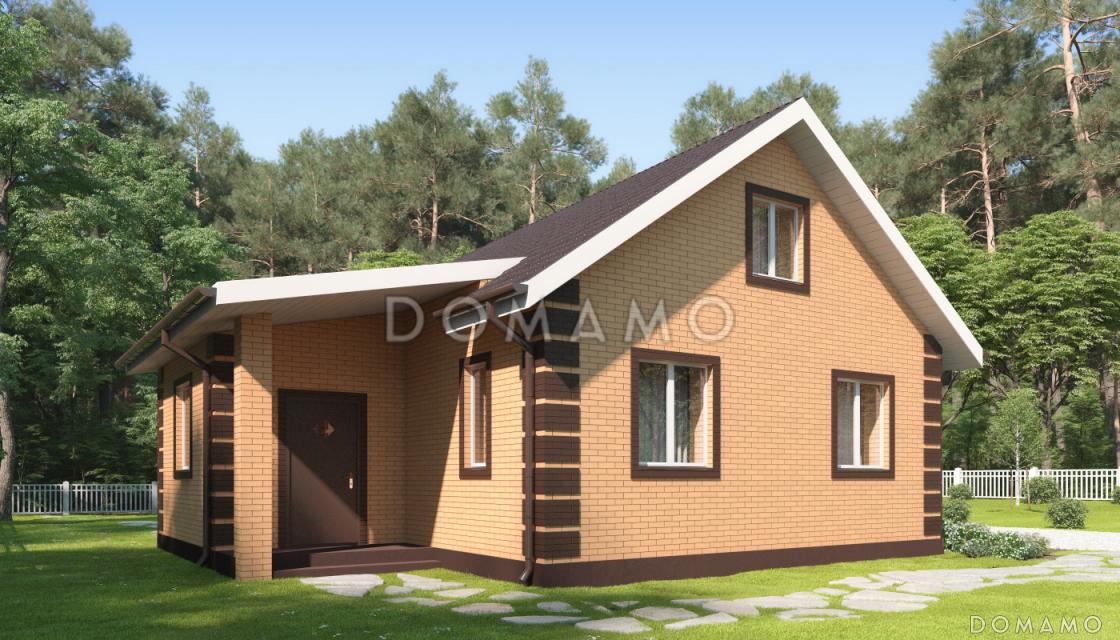 Проект дома из газобетона с верандой, санузлом с окном, отделкой фасадов кирпичом / 1