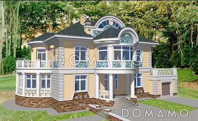 Проект коттеджа с двусветной гостиной, гаражом и террасой