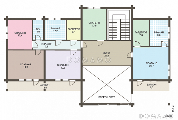 Проект двухэтажного дома из клееного бруса с кабинетом на первом этаже / План 2 этажа Проект двухэтажного дома из клееного бруса с кабинетом на первом этаже / План 2 этажа