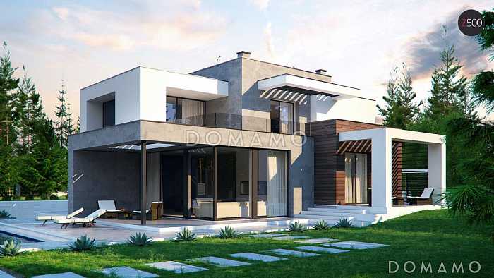 Проект большого современного двухэтажного дома из кирпича с четырьмя спальнями, кабинетом и гаражом для участка с рельефом Проект большого современного двухэтажного дома из кирпича с четырьмя спальнями, кабинетом и гаражом для участка с рельефом