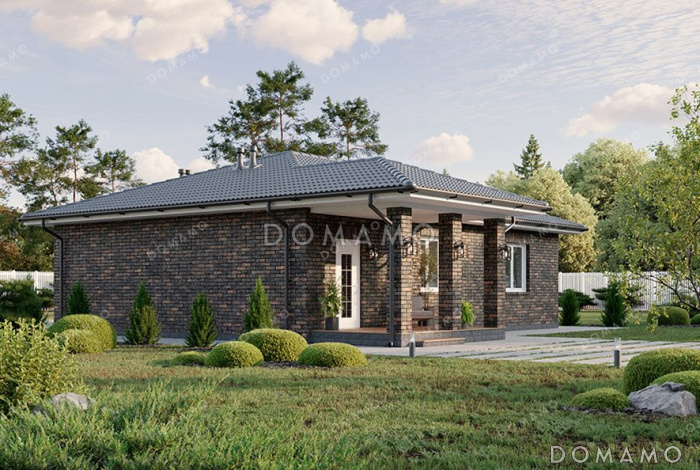 Проект одноэтажного прямоугольного дома с отделкой фасада кирпичом, одной внутренней несущей стеной, тремя спальнями и большой кухней-гостиной с выходом на крытую террасу Проект одноэтажного прямоугольного дома с отделкой фасада кирпичом, одной внутренней несущей стеной, тремя спальнями и большой кухней-гостиной с выходом на крытую террасу