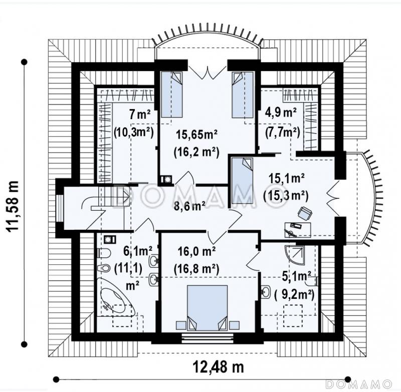 Проект мансардного дома из кирпича с тремя спальнями, кабинетом и красивыми балкончиками / План мансардного этажа
