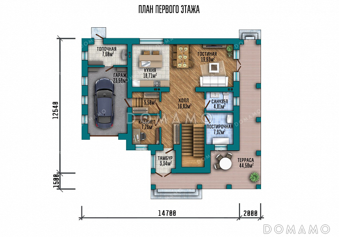 Проект дома с террасой и пристроенным гаражом / План 1 этажа