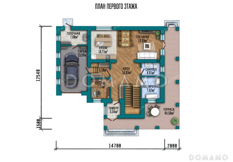 Проект дома с террасой и пристроенным гаражом / План 1 этажа