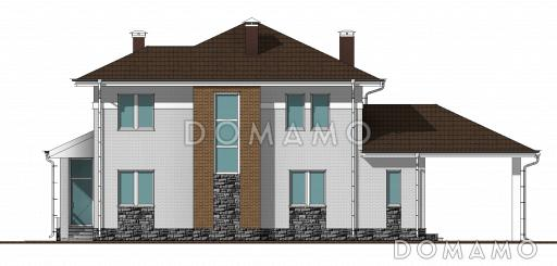 Проект двухэтажного дома с крытой террасой, ломаной гостиной, просторным холлом с выходом на лоджию / Фасад 2