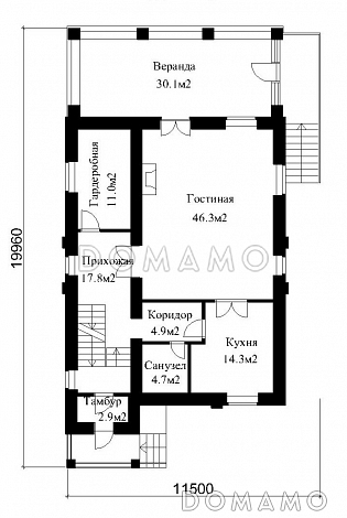 Проект большого кирпичного коттеджа с верандой, сауной и СПА-залом / План 1 этажа Проект большого кирпичного коттеджа с верандой, сауной и СПА-залом / План 1 этажа