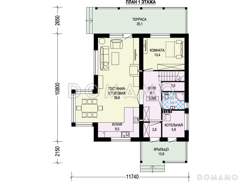 Проект дома из газобетона с террасой, кабинетом, эркером, кладовой / План 1 этажа