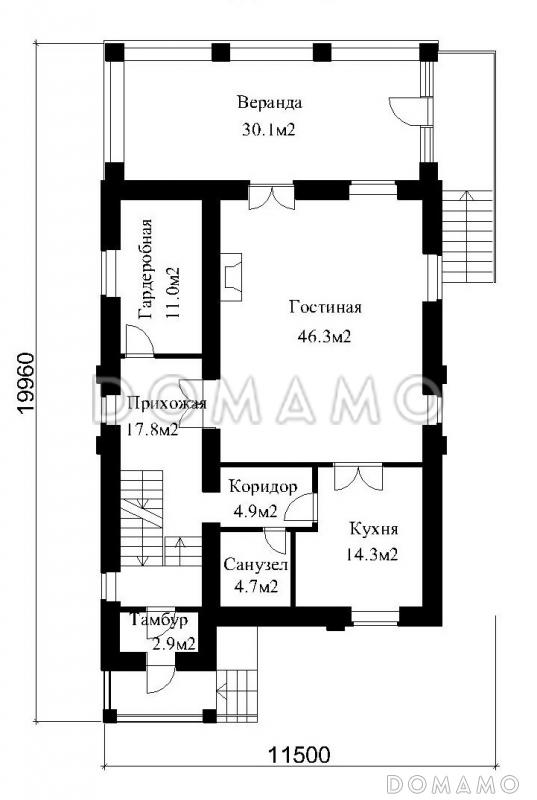 Проект большого кирпичного коттеджа с верандой, сауной и СПА-залом / План 1 этажа