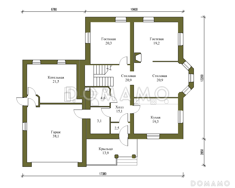 Проект дома с гаражом на две машины и кирпичными стенами / План 1 этажа