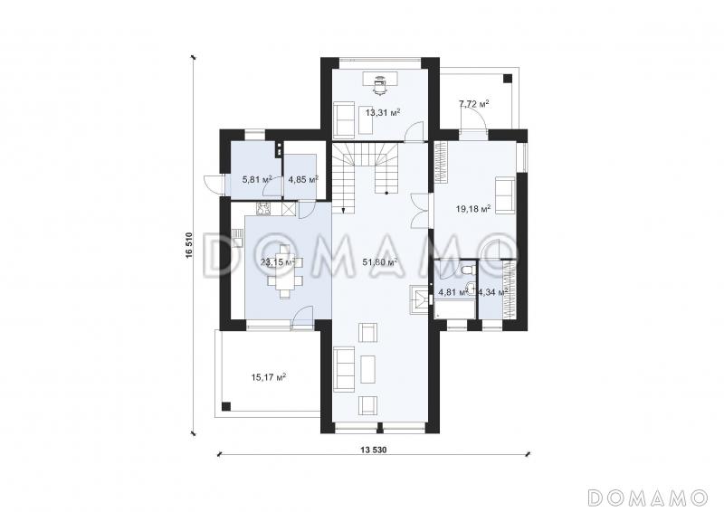 Проект стильного двухэтажного коттеджа со вторым светом в стиле Райт S-228-2 / План 1 этажа