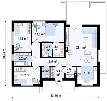 Проект небольшого уютного одноэтажного дома из кирпича с тремя спальнями / План 1 этажа Проект небольшого уютного одноэтажного дома из кирпича с тремя спальнями / План 1 этажа