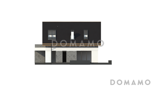 Проект одноэтажного мансардного дома из газобетона с кабинетом, изолированной кухней и гаражом / Фасад 3