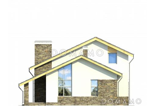 Проект дома с мансардными окнами, вторым светом, вытянутой крытой террасой, объединенной кухней-гостиной / Фасад 4