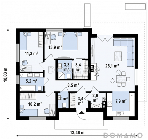Проект небольшого уютного одноэтажного дома из кирпича с тремя спальнями / План 1 этажа Проект небольшого уютного одноэтажного дома из кирпича с тремя спальнями / План 1 этажа